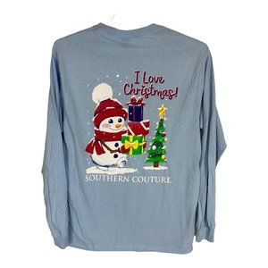 Southern Couture Womens Shirt Size Medium Blue I Love Christmas Tee Snowman